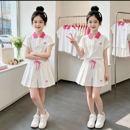 女童夏季元气少女套装中大童撞色 Polo 上衣休闲百褶裙裤两件套