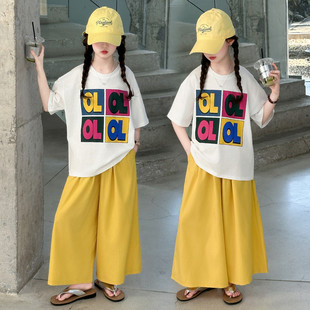 女孩校园元气套装彩色方块字母短袖亮黄宽松阔腿九分裤夏装两件套
