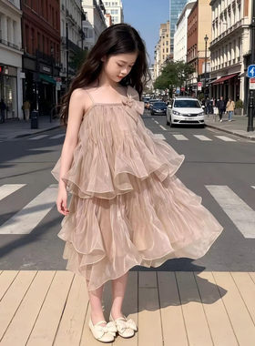 小女孩生日礼服裙裸色珠光吊带蝴蝶结显身材多层不规则飘逸中长裙