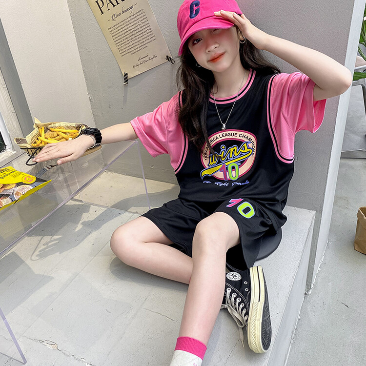 女童运动篮球服套装夏装儿童拼色短袖网红时髦洋气女大童夏天短裤