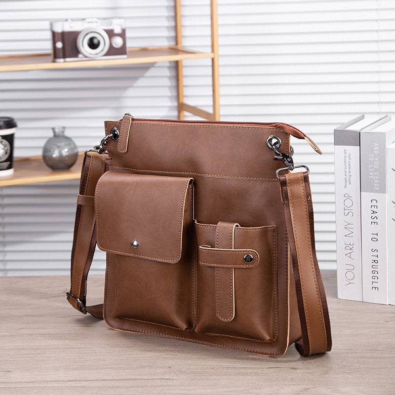 新款男士疯马皮单肩斜挎手提邮差休闲包 英伦复古包潮流韩版背包