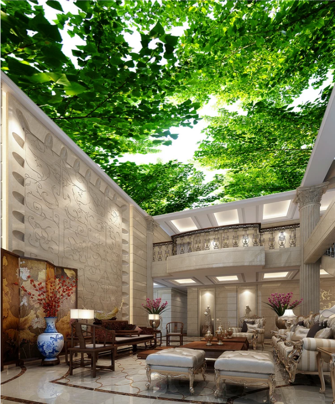 天花板吊顶壁纸自粘墙纸3d立体壁画创意墙贴画贴纸蓝天白云夜星空