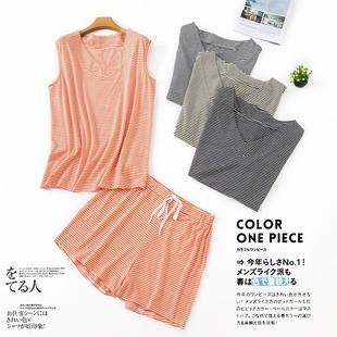 新款 条纹背心家居服套装 夏季 大码 针织纯棉睡衣女 简约无袖 V领短裤
