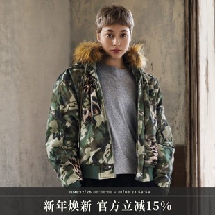 毛领棉衣 插肩袖 bomber连帽厚外套 迷彩豹纹打印棉服N2b s45