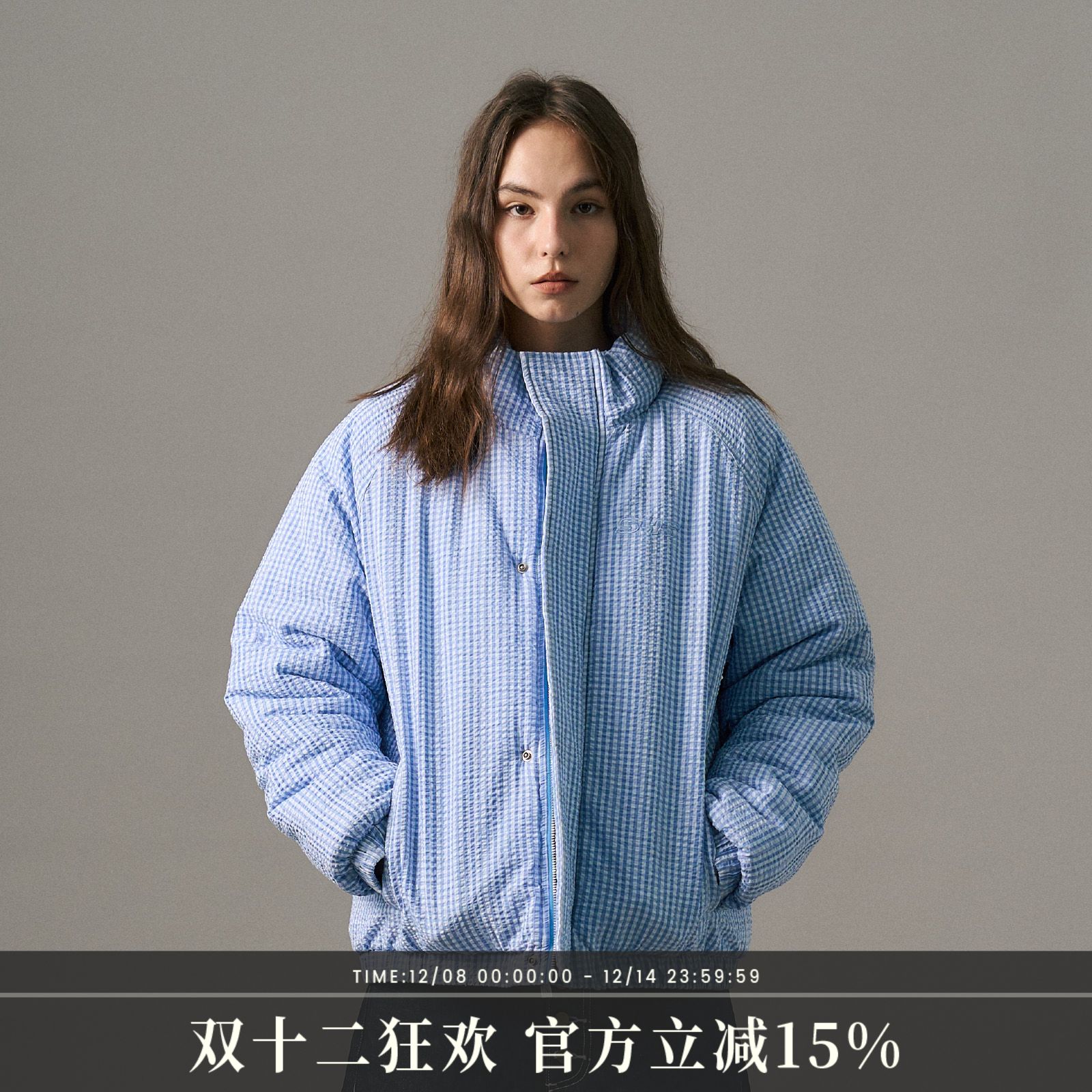 s45 蓝色格子泡泡棉服美式休闲男女秋冬季保暖厚款棉衣