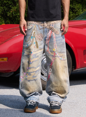 【陈赫同款】s45新款3D立体打印牛仔裤美式嘻哈复古宽松弯刀裤男