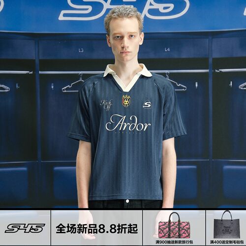 S45条纹标语足球T恤宽松透气