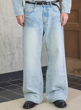 s45仿绿松石浅蓝水洗鬼爪猫须棉质直筒微喇裤 园丁牛仔长裤