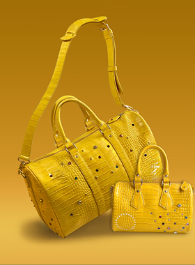 S45黄色鳄鱼皮纹路彩钻彩钻镶嵌休闲挎包美式街头潮流手提旅行包
