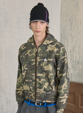 s45撞色华夫格定制面料迷彩豹纹 拉链卫衣帽衫