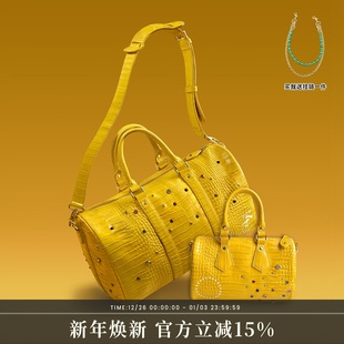 S45黄色鳄鱼皮纹路彩钻彩钻镶嵌休闲挎包美式 街头潮流手提旅行包