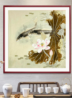 手绘真迹原稿四尺斗方精品工笔荷花双鱼图 卧室书房装饰画X27964