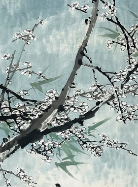 字画捡漏花鸟国画写意水墨画竖幅梅花水鸭纯手绘原稿无落款28086