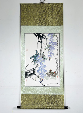 精装裱卷轴挂画手绘写意花鸟画紫藤水墨画紫气东来书房装饰z3930