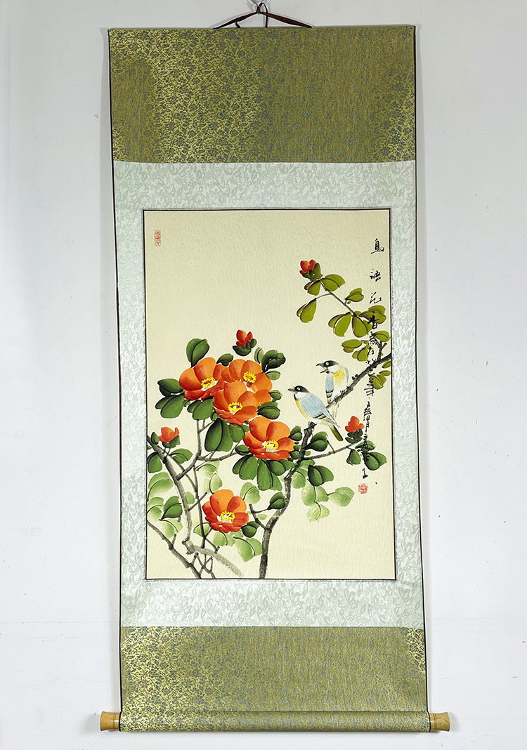 精装裱卷轴挂画手绘写意花鸟画竖幅山茶花鸟语花香卧室装饰z3863