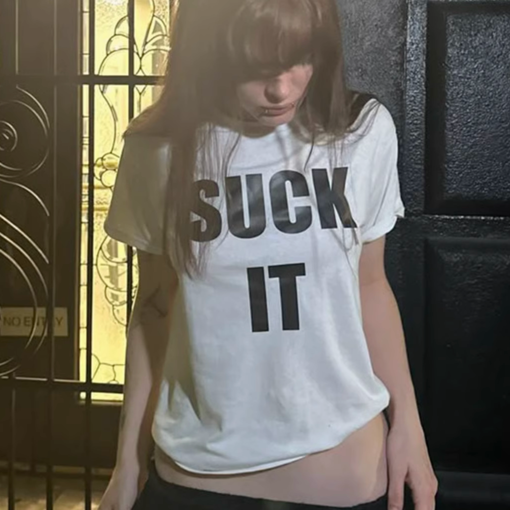 趣味英文短袖T恤夏季纯棉半袖潮小众设计男女suck it半袖