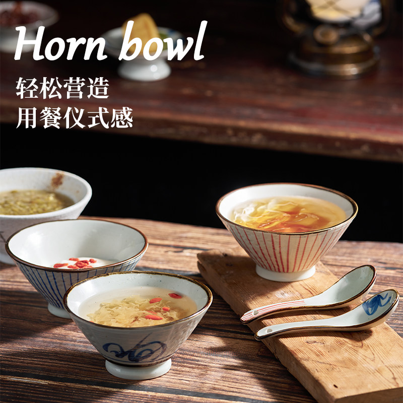 三分烧手绘甜品小碗创意陶瓷吃饭碗喇叭碗日式碗古朴雪冰碗糖水碗