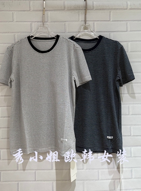 欧洲站2026夏季新款条纹撞色短袖T恤圆领百搭显瘦舒适上衣女2279
