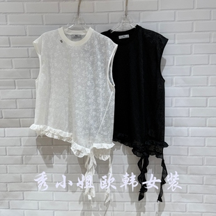 蕾丝衫 百搭圆领蕾丝提花荷叶边无袖 上衣潮9015 时尚 欧洲站2026春季