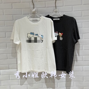 卡通猫咪T恤女上衣潮70300 百搭圆领短袖 欧洲站2026春季 新over时尚