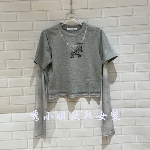 百搭卡通印花假两件拼接袖 over时尚 T恤女70321 新款 欧洲站2026春季