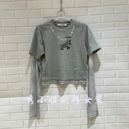 欧洲站2026春季新款over时尚百搭卡通印花假两件拼接袖T恤女70321