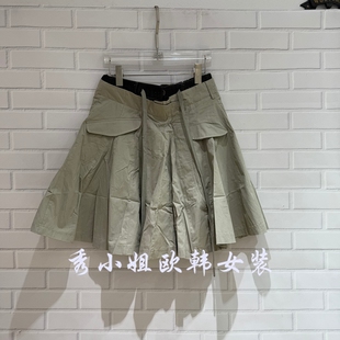 欧洲站2026春款 风双腰头抽绳半身裙拼接百褶裙女4928 PH23工装