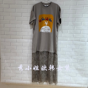 欧洲站2026春款 T恤宽松减龄上衣女8026 卡通印花拼接蕾丝下摆短袖