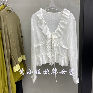 衬衫 欧洲站2026春季 26101 显瘦长袖 v领荷叶边系带短款 新款 百搭净版