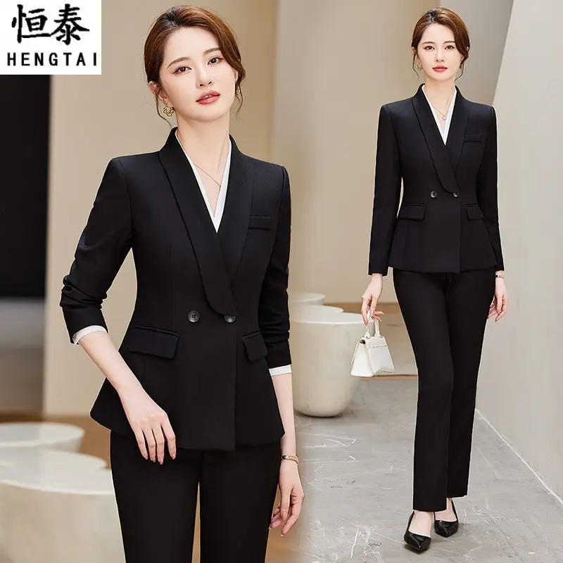 秋冬时尚新款藏青色青果领西装修身显瘦女经理商务正装工作服套裤