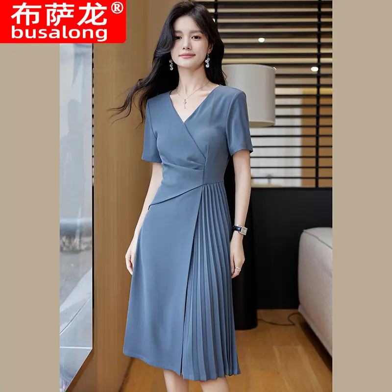 短袖气质连衣裙女士夏季2024新款女神范法式收腰淑女风中长连衣裙