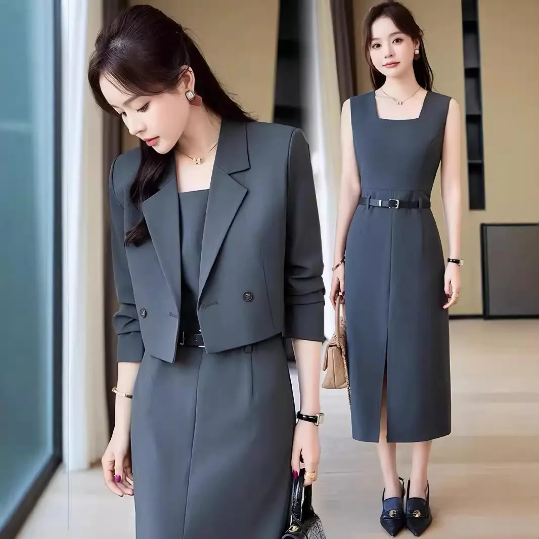 灰色短款西装外套女秋冬季2024新款高端休闲职业装连衣裙西服套装