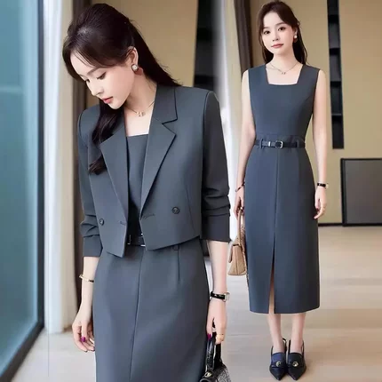 灰色短款西装外套女秋冬季2024新款高端休闲职业装连衣裙西服套装