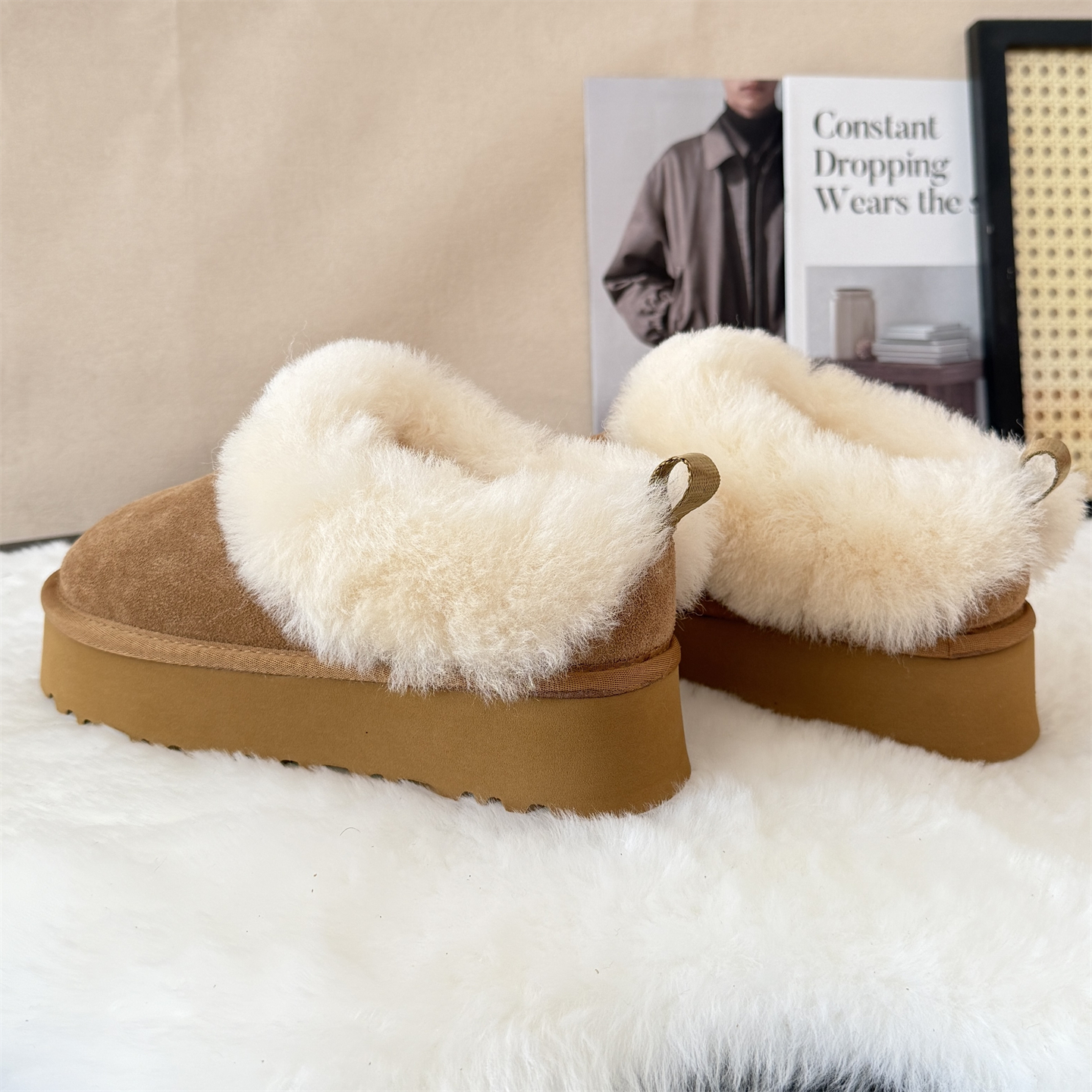 皮毛一体半拖鞋短筒女靴加厚羊毛