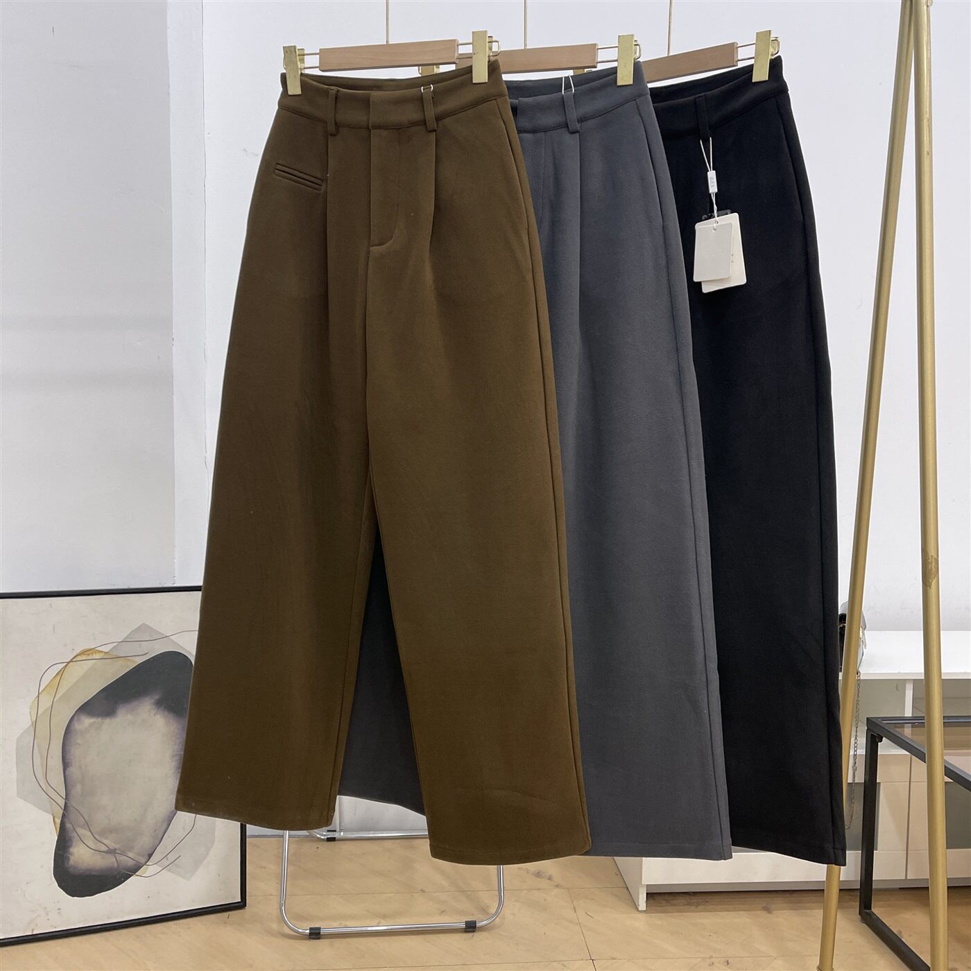 加绒休闲裤女2025冬季新款百搭高腰设计感宽松阔腿裤K#16