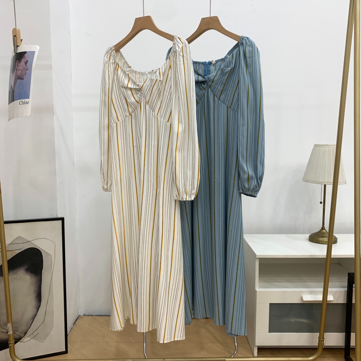 时尚气质优雅条纹长袖连衣裙2025新款宽松显瘦长裙 H#8