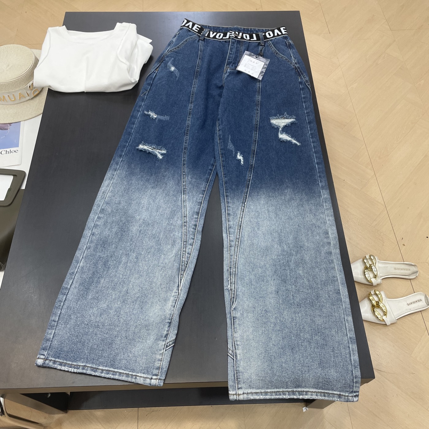 牛仔裤拼色高腰小众是休闲秋季直筒阔腿长裤女 J#3