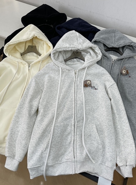 美式复古加绒加厚外套连帽卫衣女秋冬新款宽松慵懒风开衫外套L#23