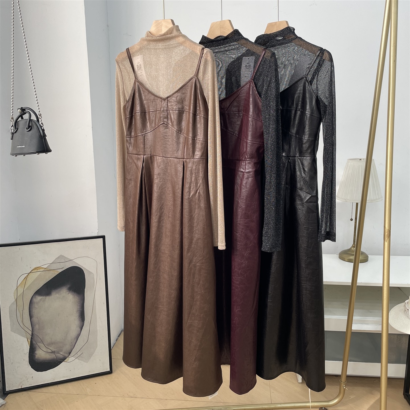 套装女秋季新款时尚女装PU吊带连衣裙两件套女J#24