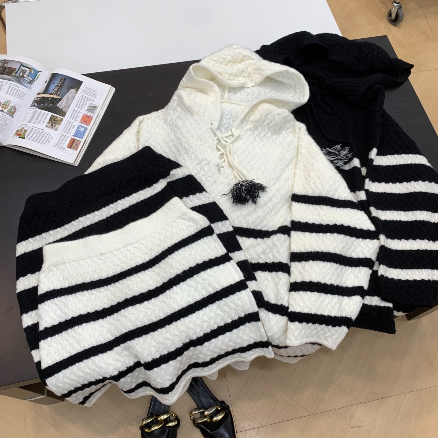 【青】套装连帽条纹宽松长袖针织衫高腰A字半身裙J#14