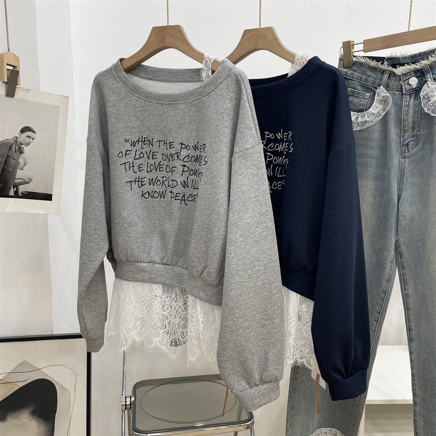 新款韩版时尚字母休闲设计感露肩宽松卫衣蕾丝拼接上衣I#5