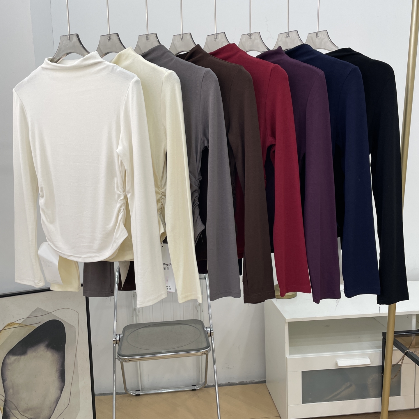 两边褶皱收腰半高领长袖T恤女秋冬内搭打底衫短款K#28