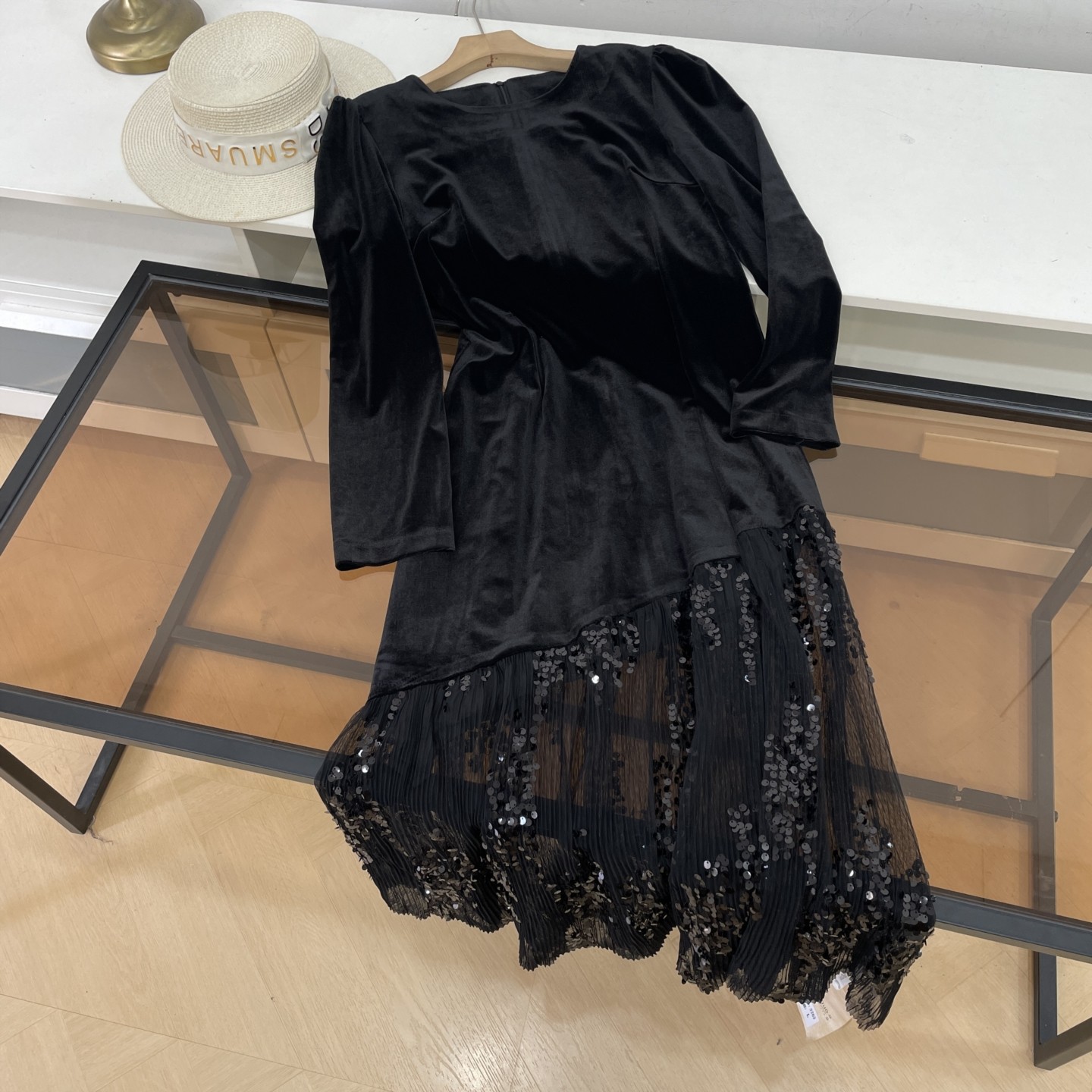 法式气质黑色丝绒拼接亮片连衣裙女秋冬宽松百搭长裙L#5