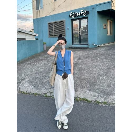 纯色V领单排扣宽松百搭显瘦无袖针织衫上衣夏季新款马甲 nnassa