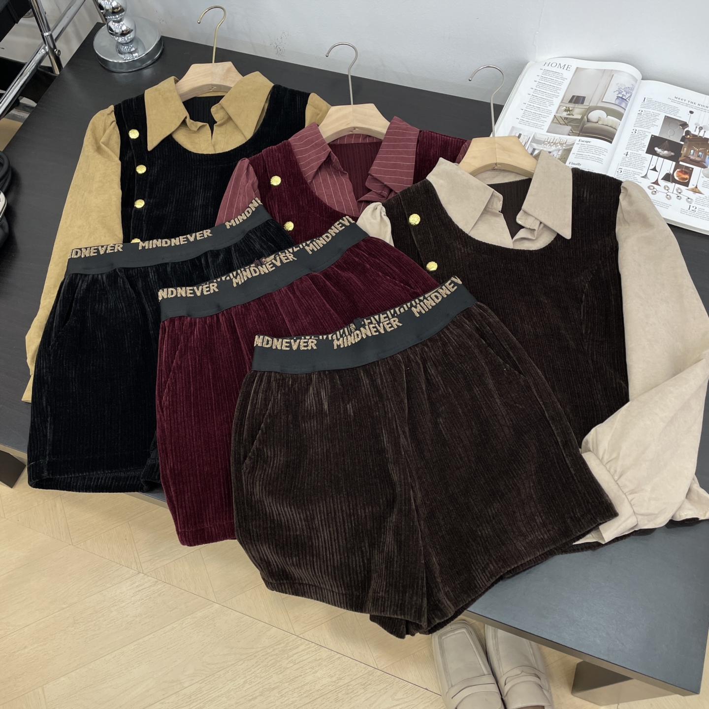 套装假两件小众时尚新款长袖衬衫高腰百搭新款短裤K#18