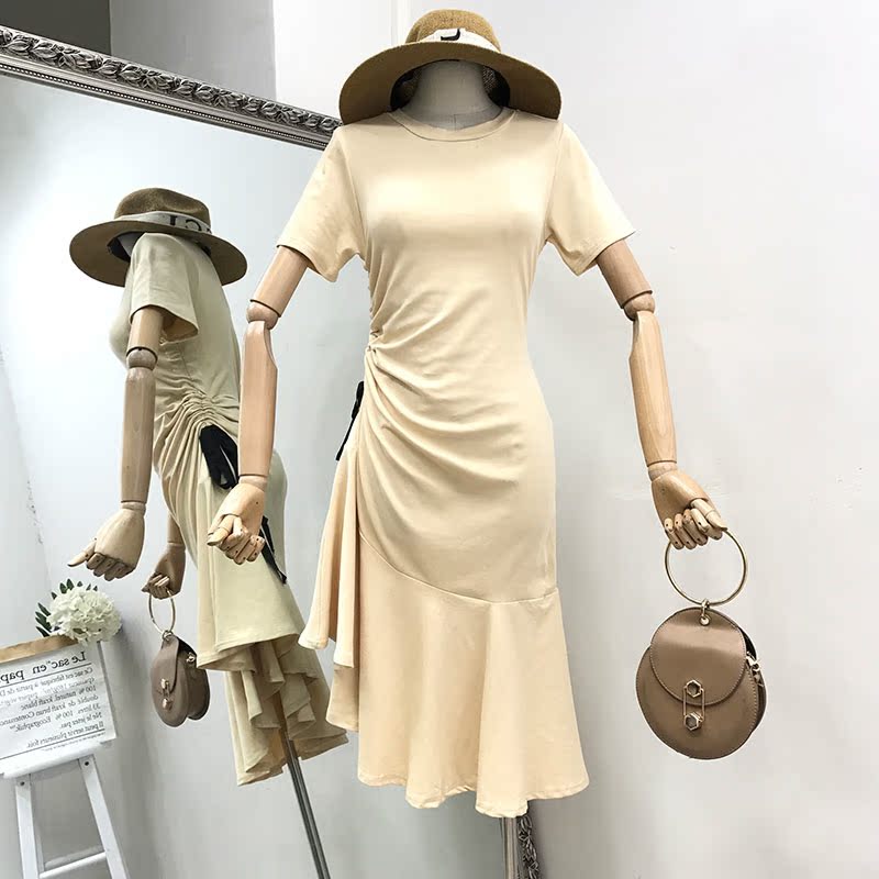 G@19连衣裙夏季新款女装休闲圆领短袖修身显瘦抽绳荷叶边裙女