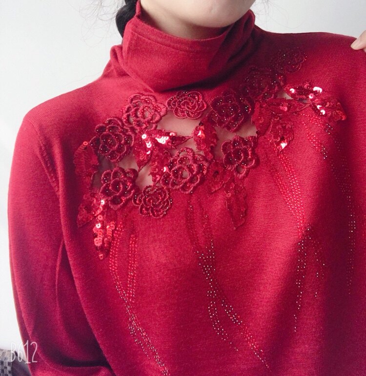 四季舞台新款 性感镂空亮晶晶亮片超细天丝羊毛高领堆堆领打底衫