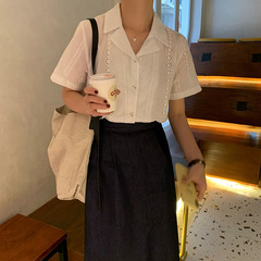 Real shot real price Korean version ins temperament versatile suit collar LACE SHORT SLEEVE SHIRT summer girl