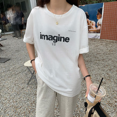 實拍實價 韓版ins簡約百搭白色棉圓領寬鬆T恤
