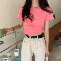 實拍實價  2021春夏季新款圓領百搭修身純棉短款T恤糖果色